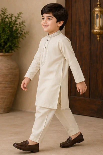 Boys Embroidered Kurta & Shalwar Set – Beige