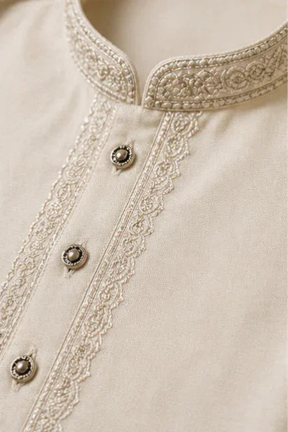 Boys Embroidered Kurta & Shalwar Set – Beige
