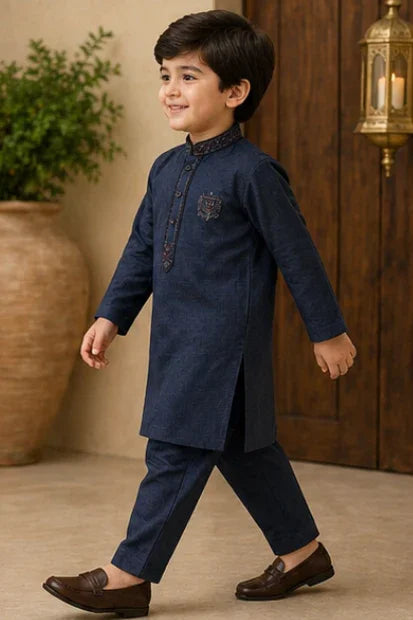 Boys Embroidered Kurta & Shalwar Set – Navy Blue Self