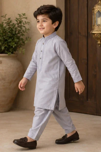 Boys Embroidered Kurta & Shalwar Set – Light Mauve