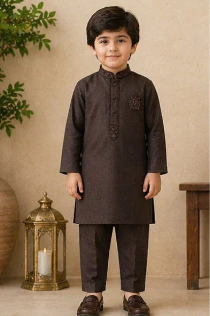 Boys Embroidered Kurta & Shalwar Set – Brown Self