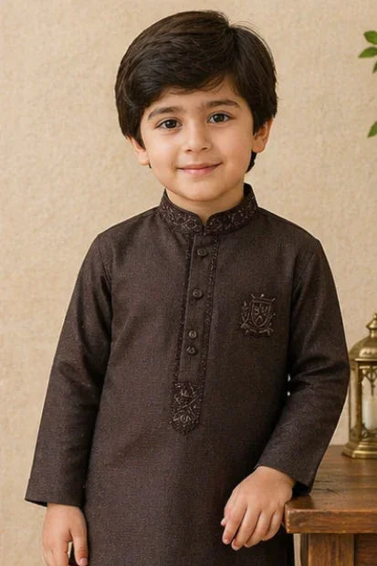 Boys Embroidered Kurta & Shalwar Set – Brown Self