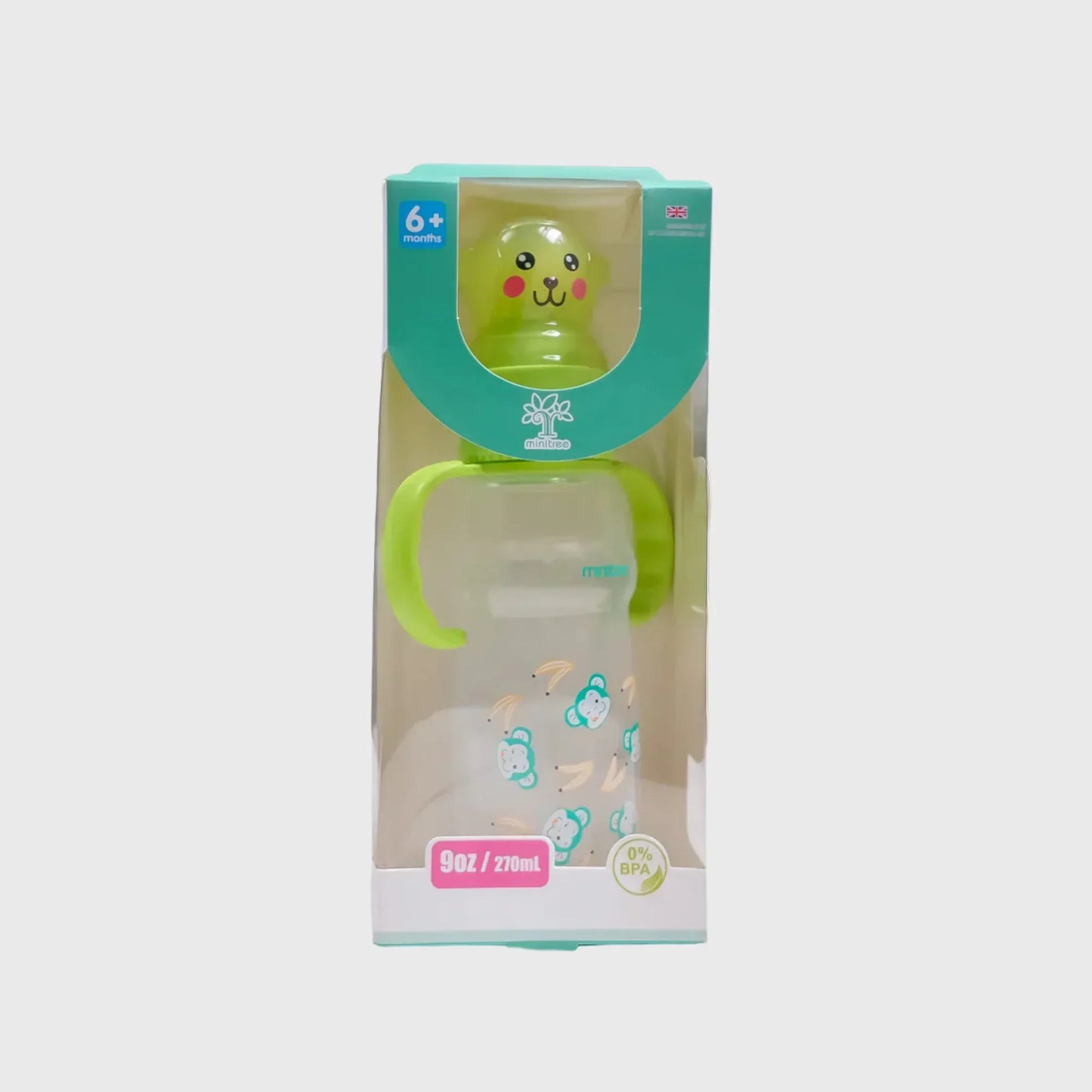 BPA-free baby sippy cup with green handles, monkey and banana print, for 6+ months, 270ml
