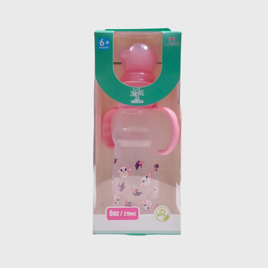 Pink baby sippy cup with handles, animal prints, BPA free, 270ml, for 6+ months