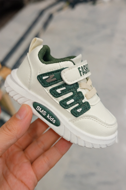 Kids’ White and Green Sporty Sneakers with Velcro Strap