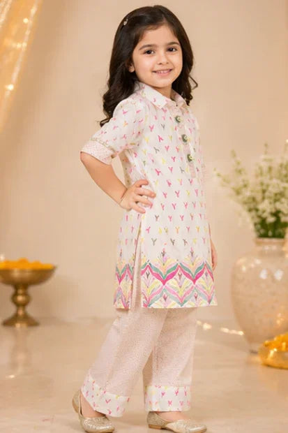 Girls Printed Kurta Set – Off White Multi