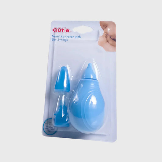 Blue nasal aspirator and ear syringe set for babies in retail packaging