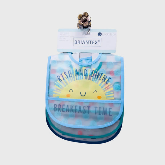 Blue waterproof baby bibs set with sun graphic and 'Rise and Shine Breakfast Time' text