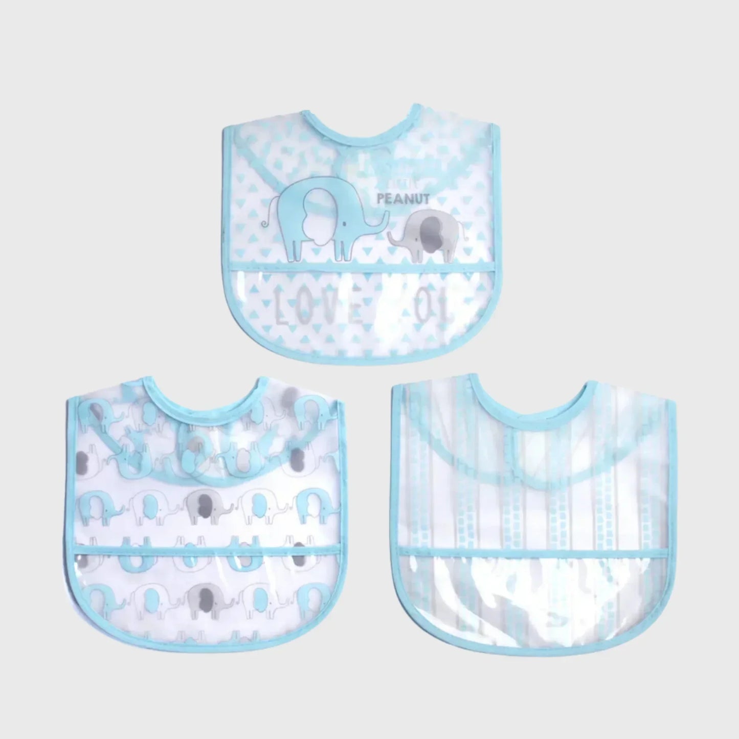 Set of three baby bibs with blue trim and elephant patterns, ideal for infants and toddlers.