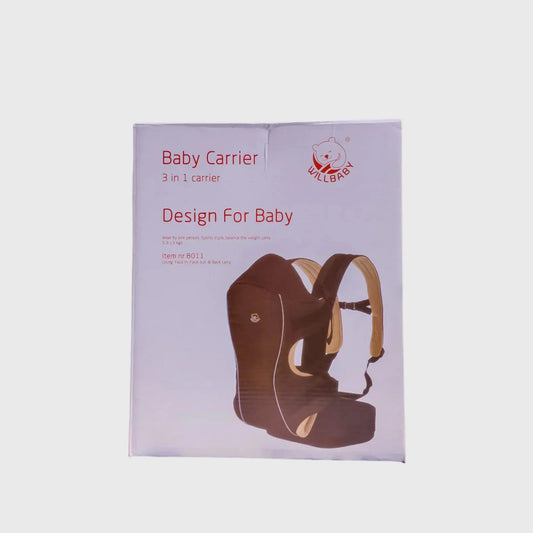 Box of brown 3-in-1 baby carrier with ergonomic straps and infant support design