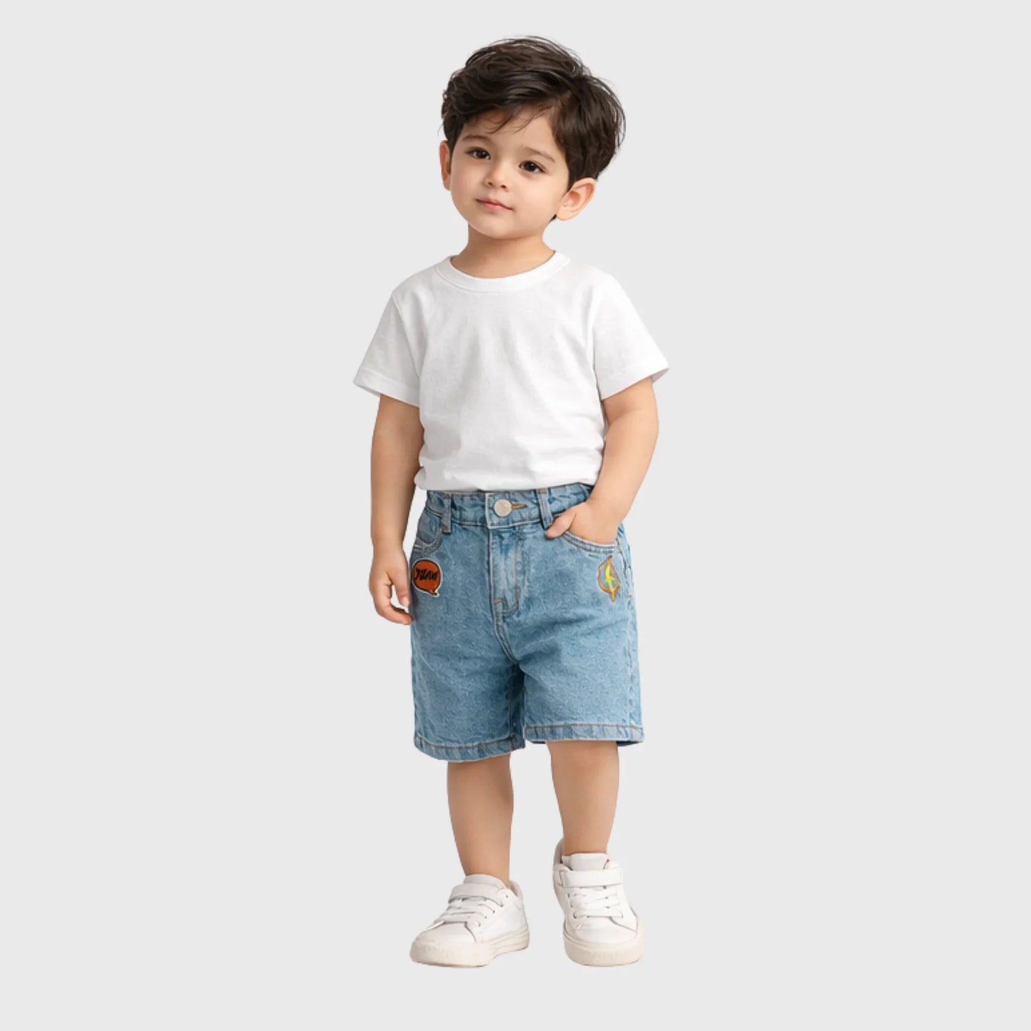 TinyTrend Adventure Denim Shorts with Fun Patches