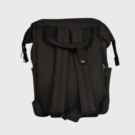 Black kids backpack with adjustable straps, side pockets, and a top handle on white background