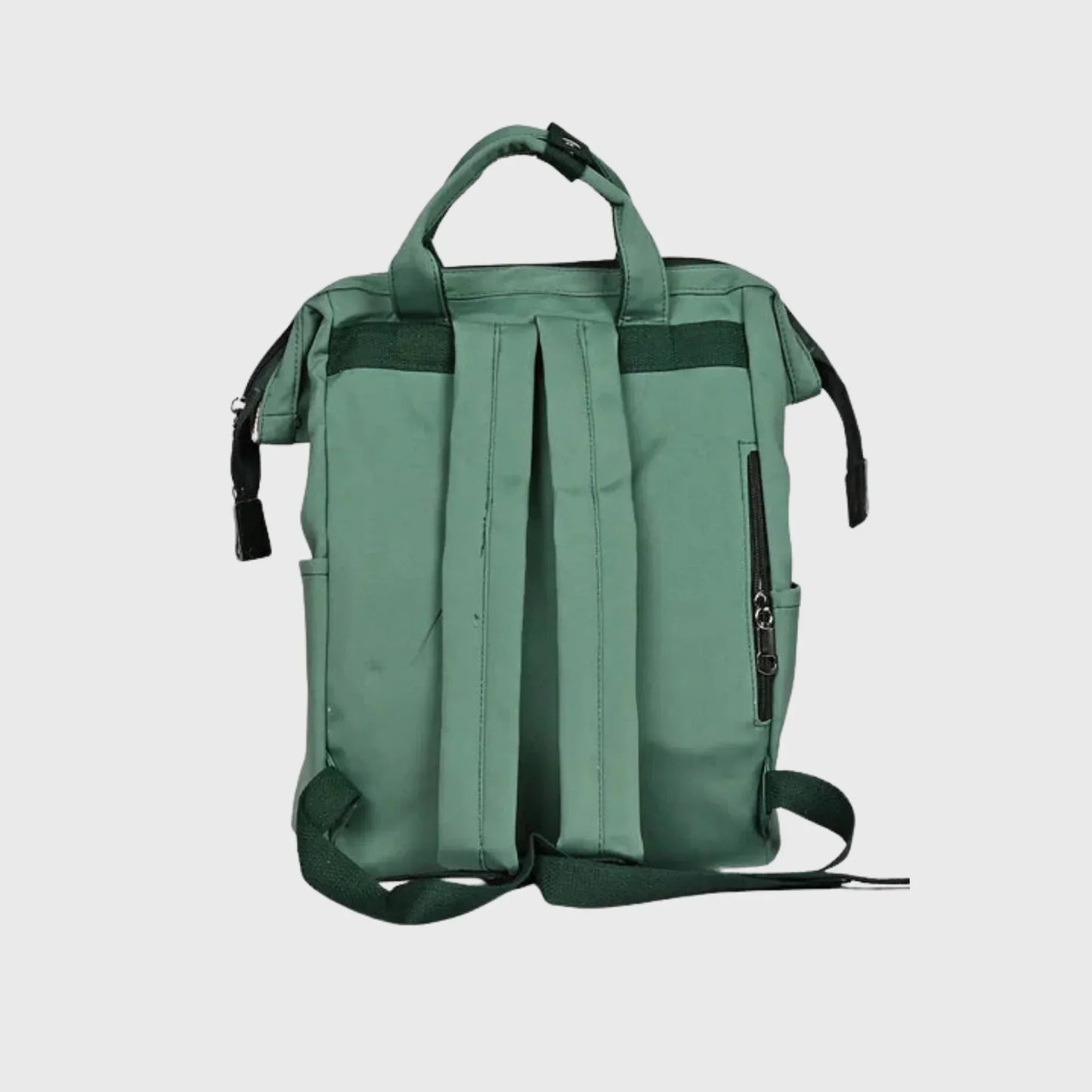 Green kids' backpack with top handles, adjustable straps, and side zipper pocket
