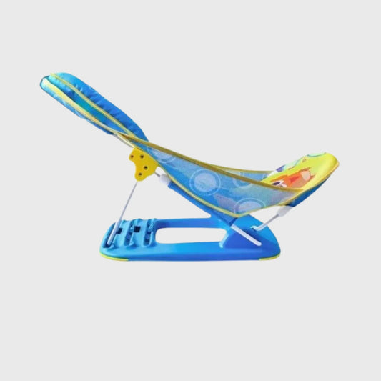 Blue baby bouncer chair with yellow accents and playful cartoon print on mesh fabric
