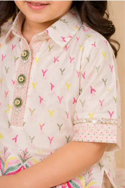 Girls Printed Kurta Set – Off White Multi