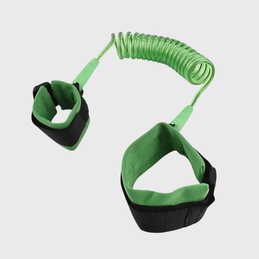 Green child safety wrist leash with soft adjustable straps and coiled anti-lost cord
