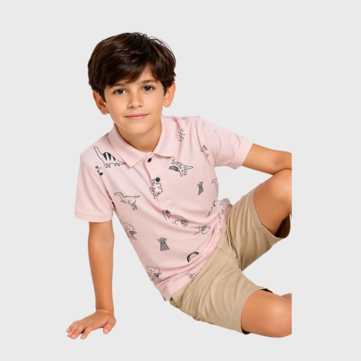 Pink Polo with Sketch Dinosaur Print