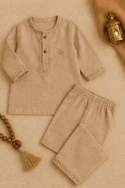 Baby Boys Embroidered Kurta & Shalwar Set ā Cream beige