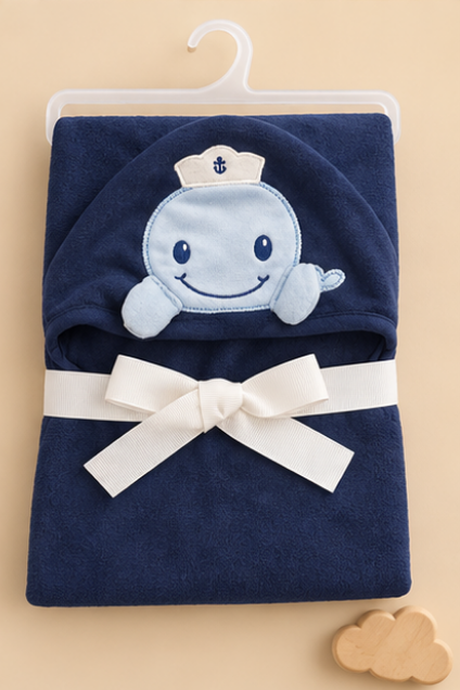Navy Sailor Whale Hooded Baby Swaddle