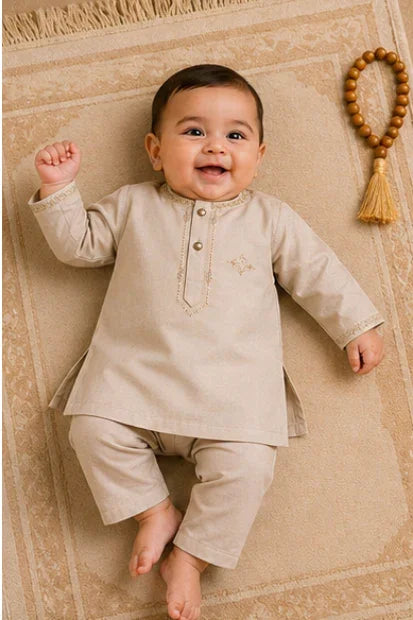 Baby Boys Embroidered Kurta & Shalwar Set – Skin/ Brown