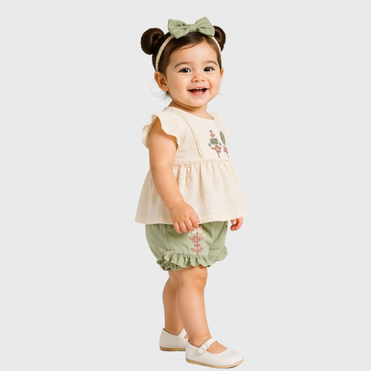 Baby Girls Embroidered Top, Bloomer & Headband Set – Cream/Sage Green