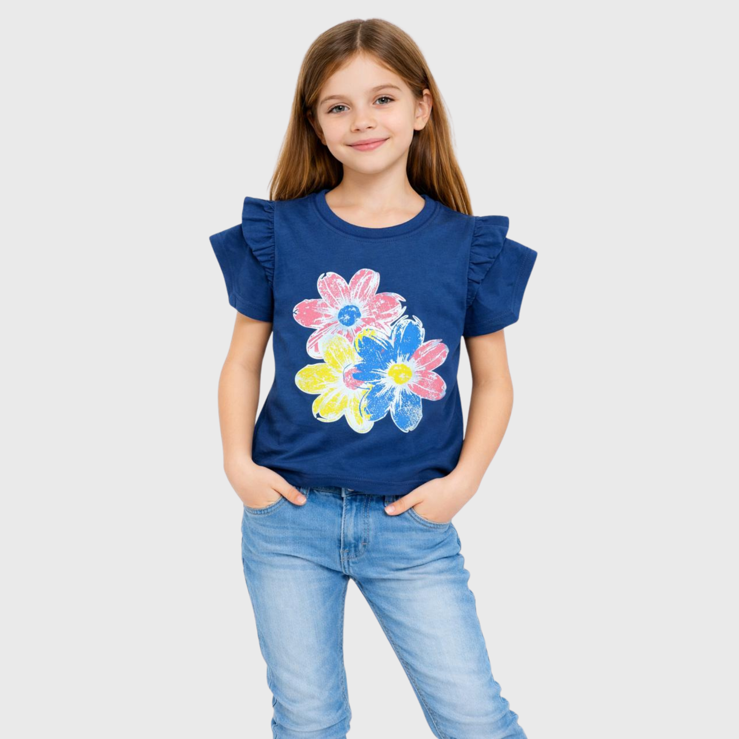 Girl’s Navy Floral Flutter Tee