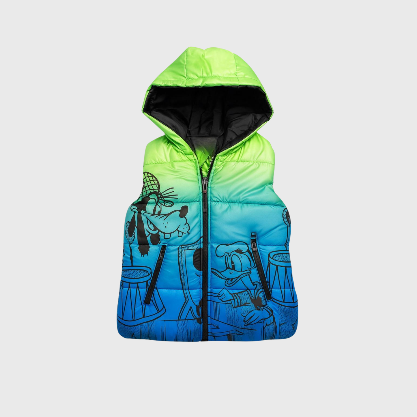 Boys Puffer Vest with Hood - Green to Blue Ombre Cartoon Print Sleeveless Jacket | Mommy Minors