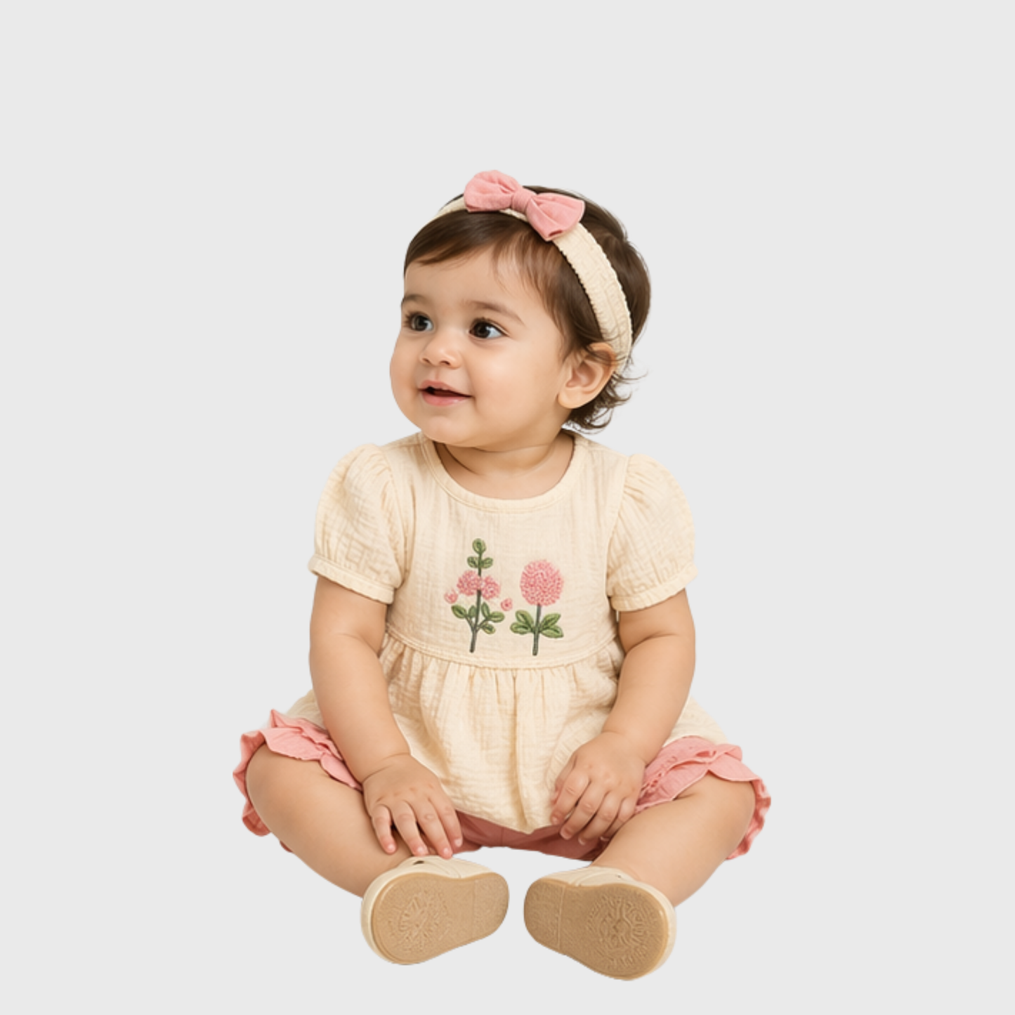 Baby Girls Embroidered Top, Bloomer & Headband Set ā Cream/Pink