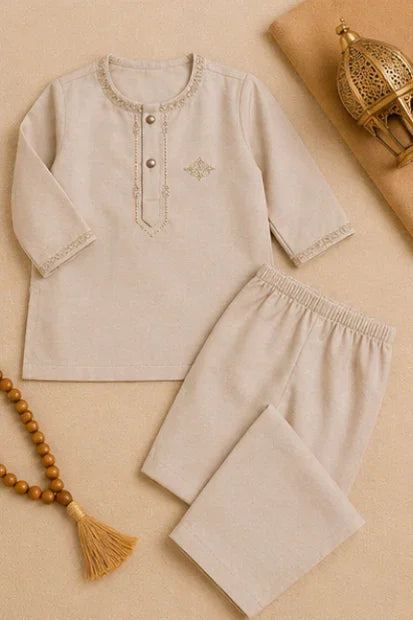 Baby Boys Embroidered Kurta & Shalwar Set – Skin/ Brown