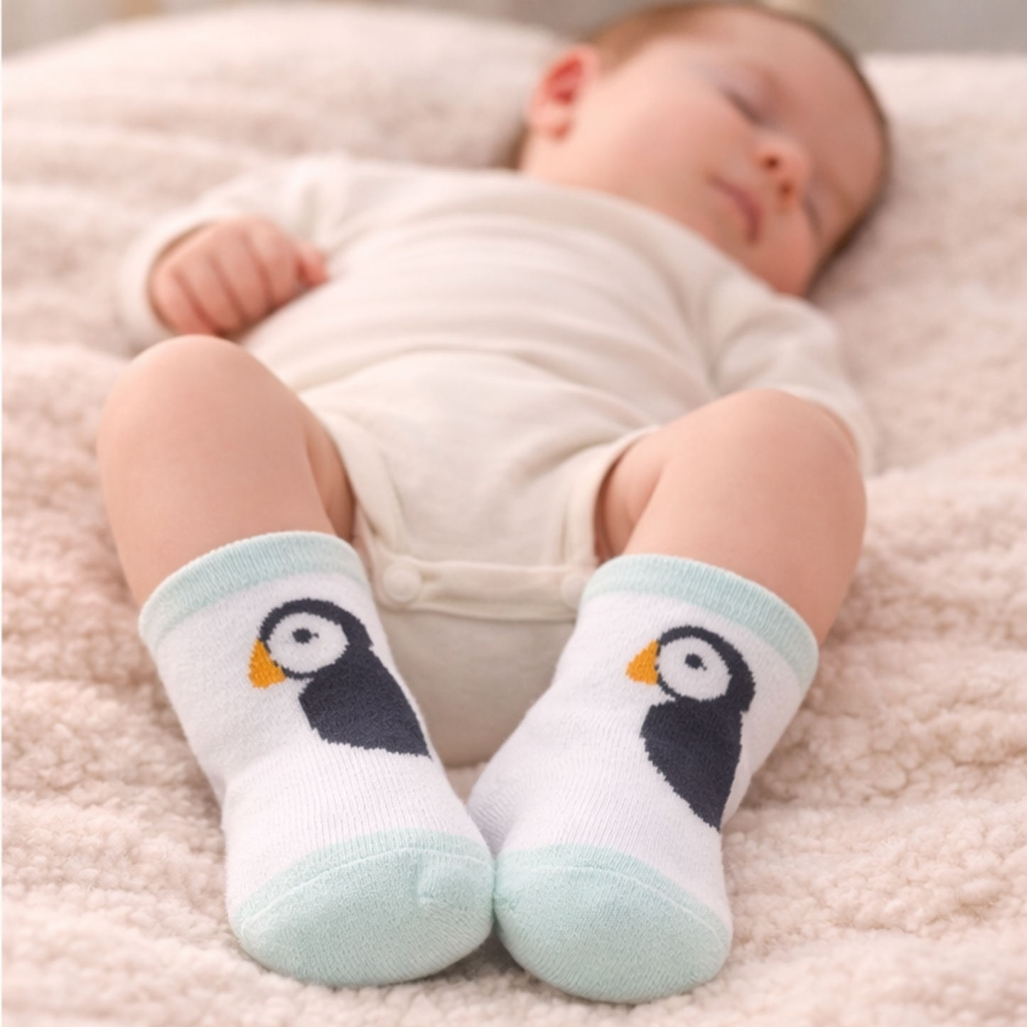 Arctic Puffin Baby Ankle Socks – White & Mint