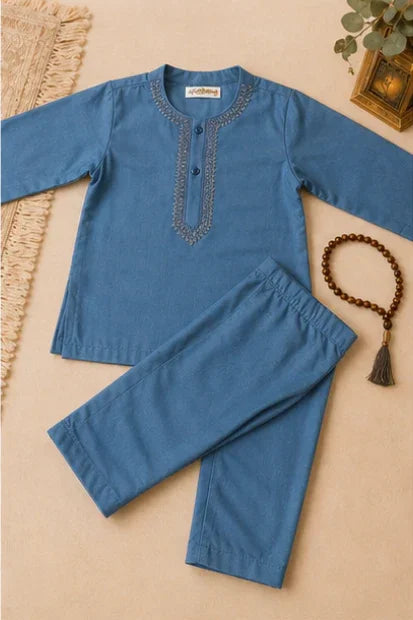 Baby Boys Embroidered Kurta & Shalwar Set – Teal Blue