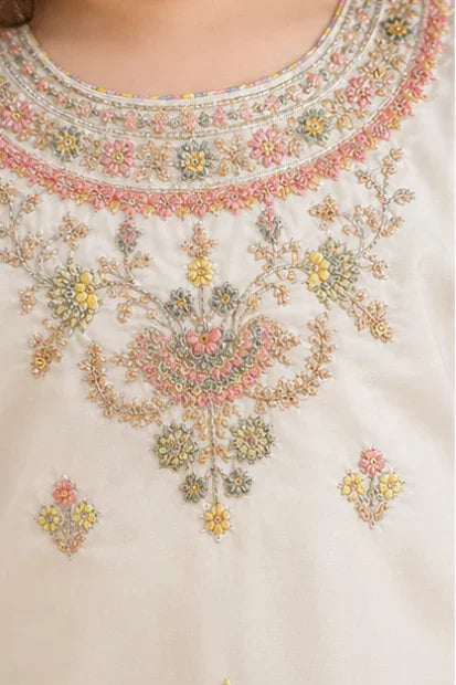 Girls Embroidered Kurta & Printed Set - Pastel Green