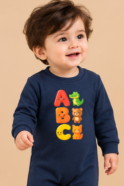 Navy Blue ABC Animal Print Baby Romper
