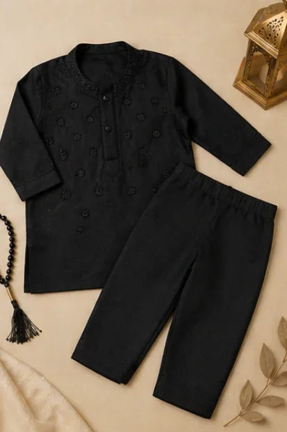 Baby Boys Embroidered Kurta & Shalwar Set ā Black