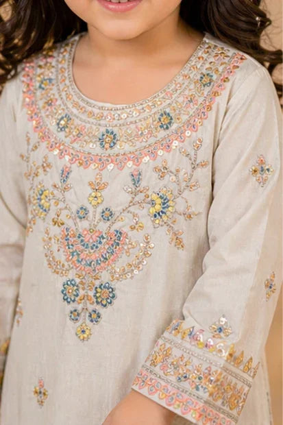 Girls Embroidered Kurta & Printed Set - Pastel Green