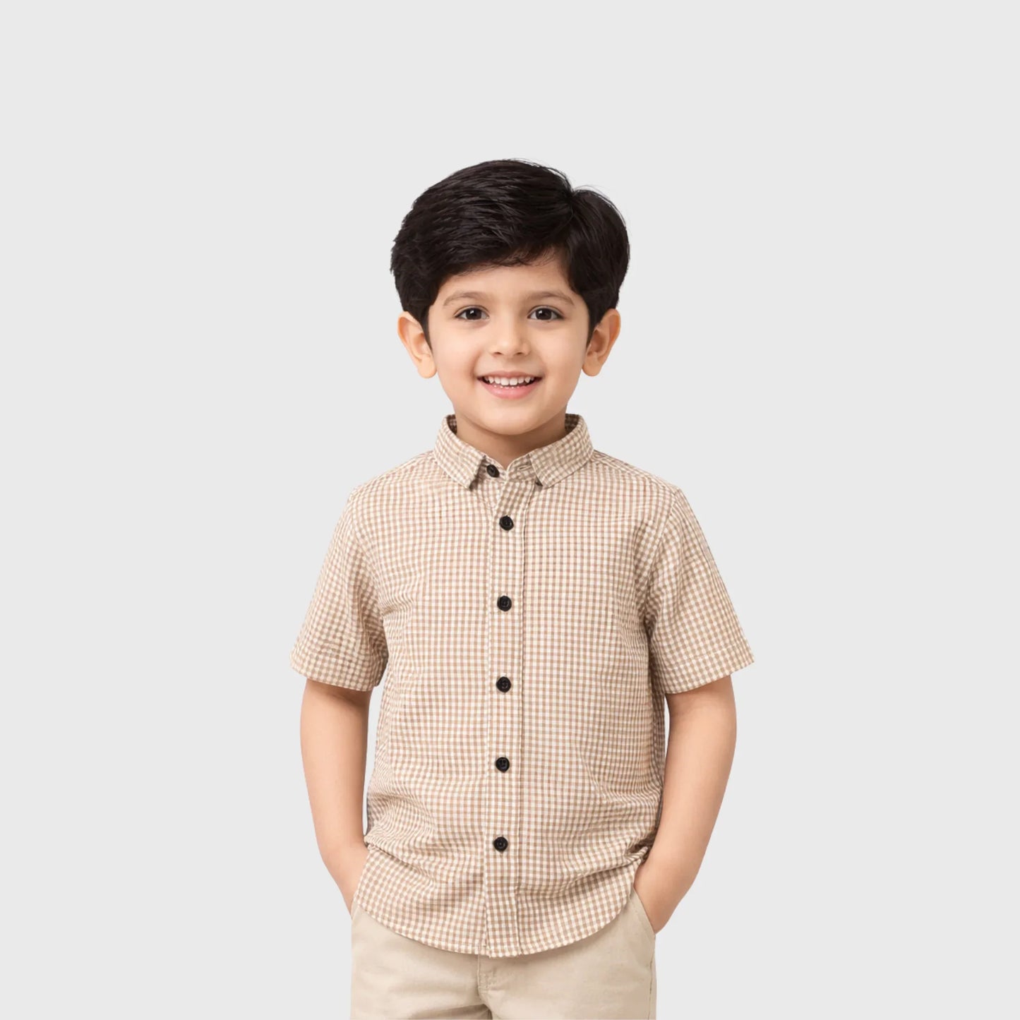 Boys' Classic Beige Brown Button-Down | Short Sleeve