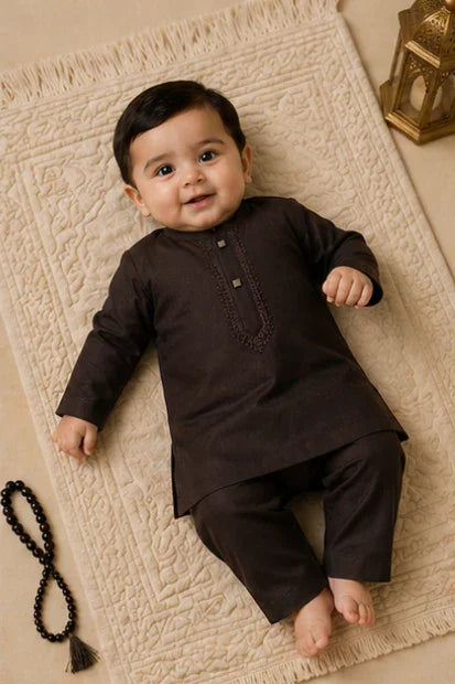 Baby Boys Embroidered Kurta & Shalwar Set – Dark Brown