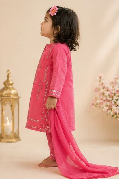 Girls Embroidered Kurta, Trouser & Dupatta Set – Hot Pink