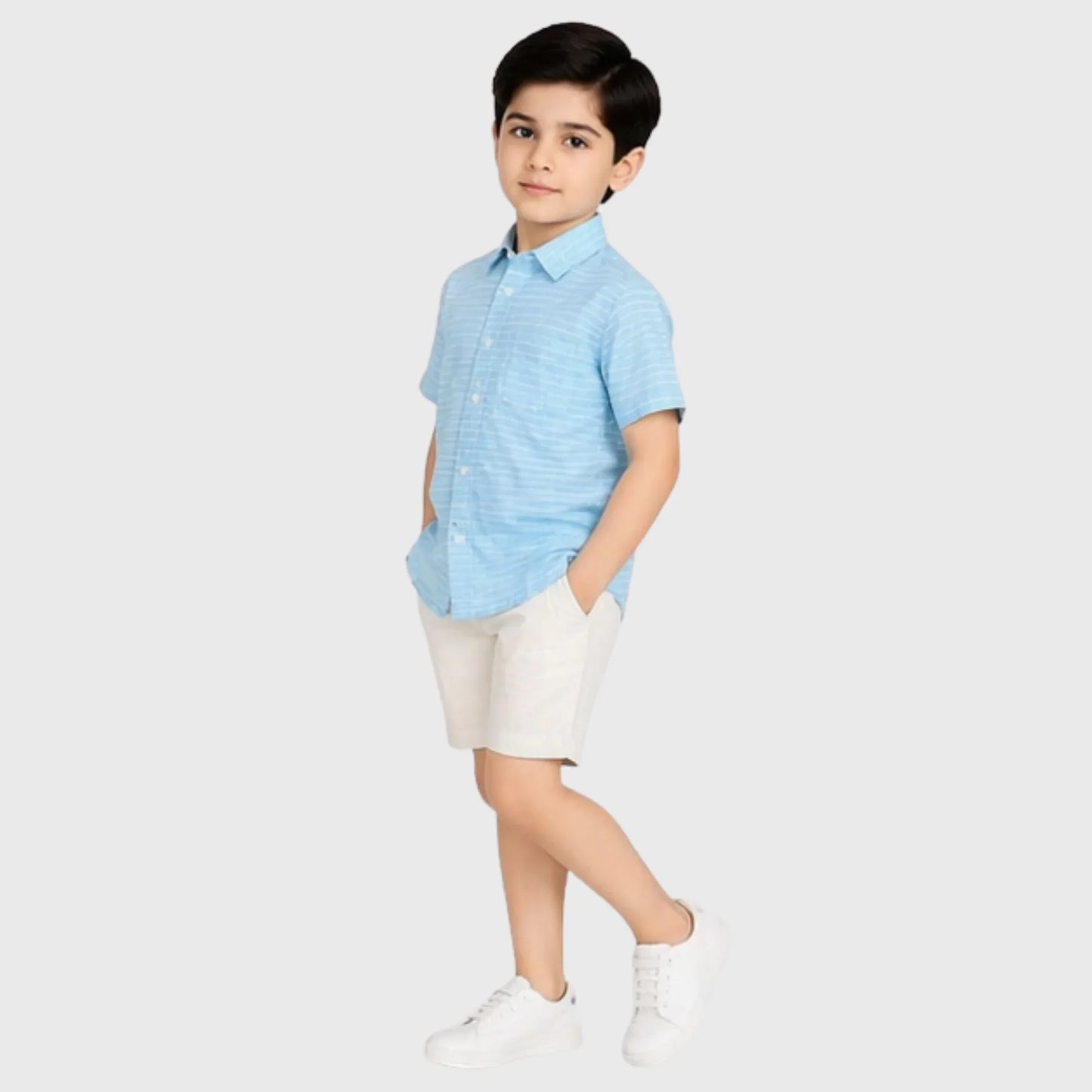 Sky-Blue Striped Button-Down Short-Sleeve Shirt