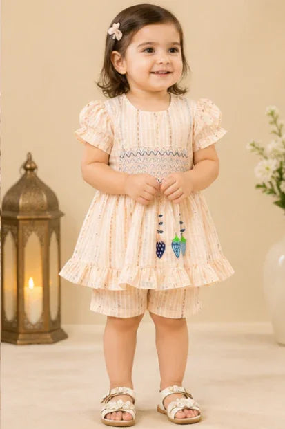 Baby Girls Puff Sleeve Frock & Shorts Set β Peach Stripe