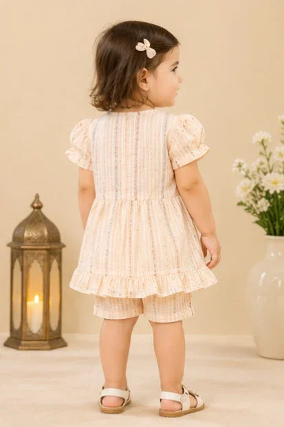Baby Girls Puff Sleeve Frock & Shorts Set – Peach Stripe