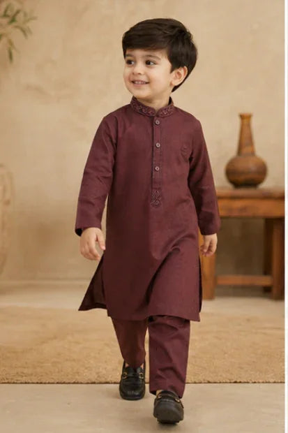 Boys Embroidered Kurta & Shalwar Set – Magenta