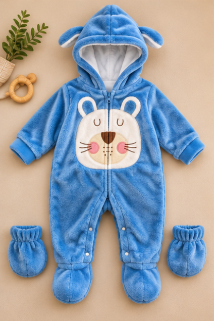 Blue Bear Hooded Fleece Romper