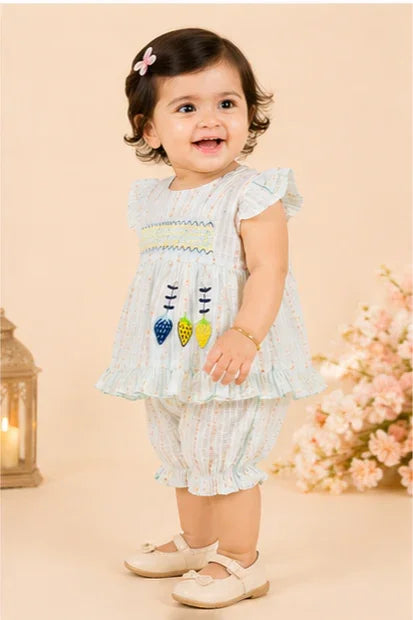 Baby Girls Puff Sleeve Frock & Shorts Set – Light Blue ferozi Stripe