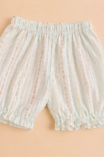 Baby Girls Puff Sleeve Frock & Shorts Set β Light Blue ferozi Stripe