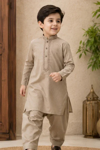 Boys Embroidered Kurta & Shalwar Set – Beige / brown