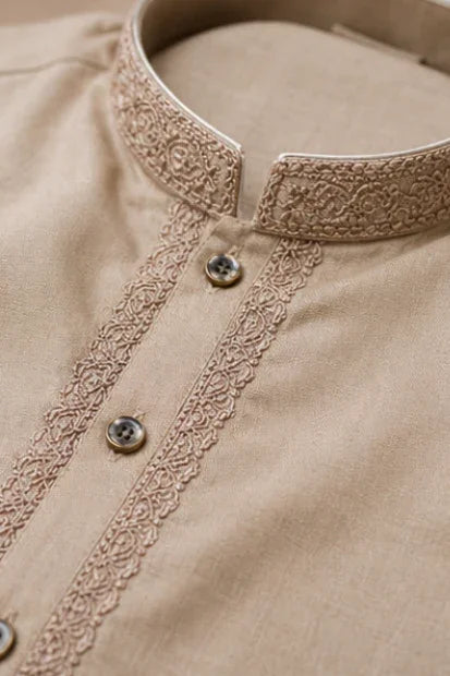 Boys Embroidered Kurta & Shalwar Set – Beige / brown