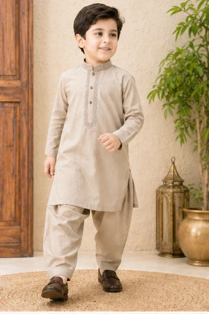 Boys Embroidered Kurta & Shalwar Set – Skin