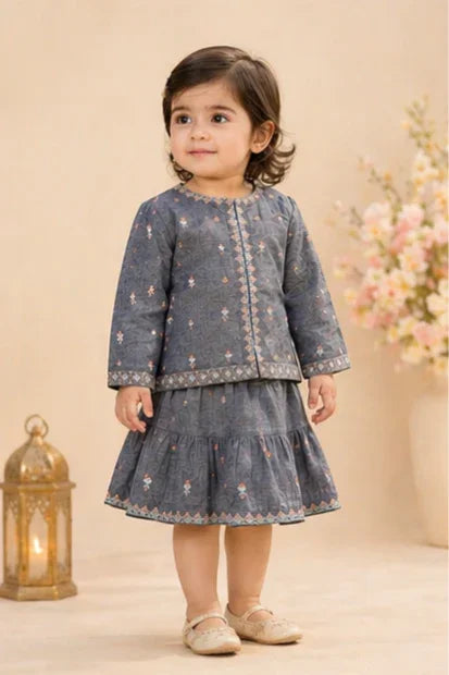 Baby Girls Embroidered Top & Skirt Set – Steel Blue