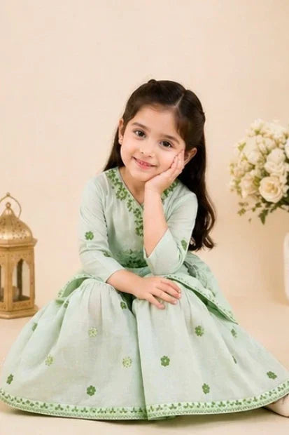 Girls Embroidered Angrakha Kurta Sharara Set – Mint Green